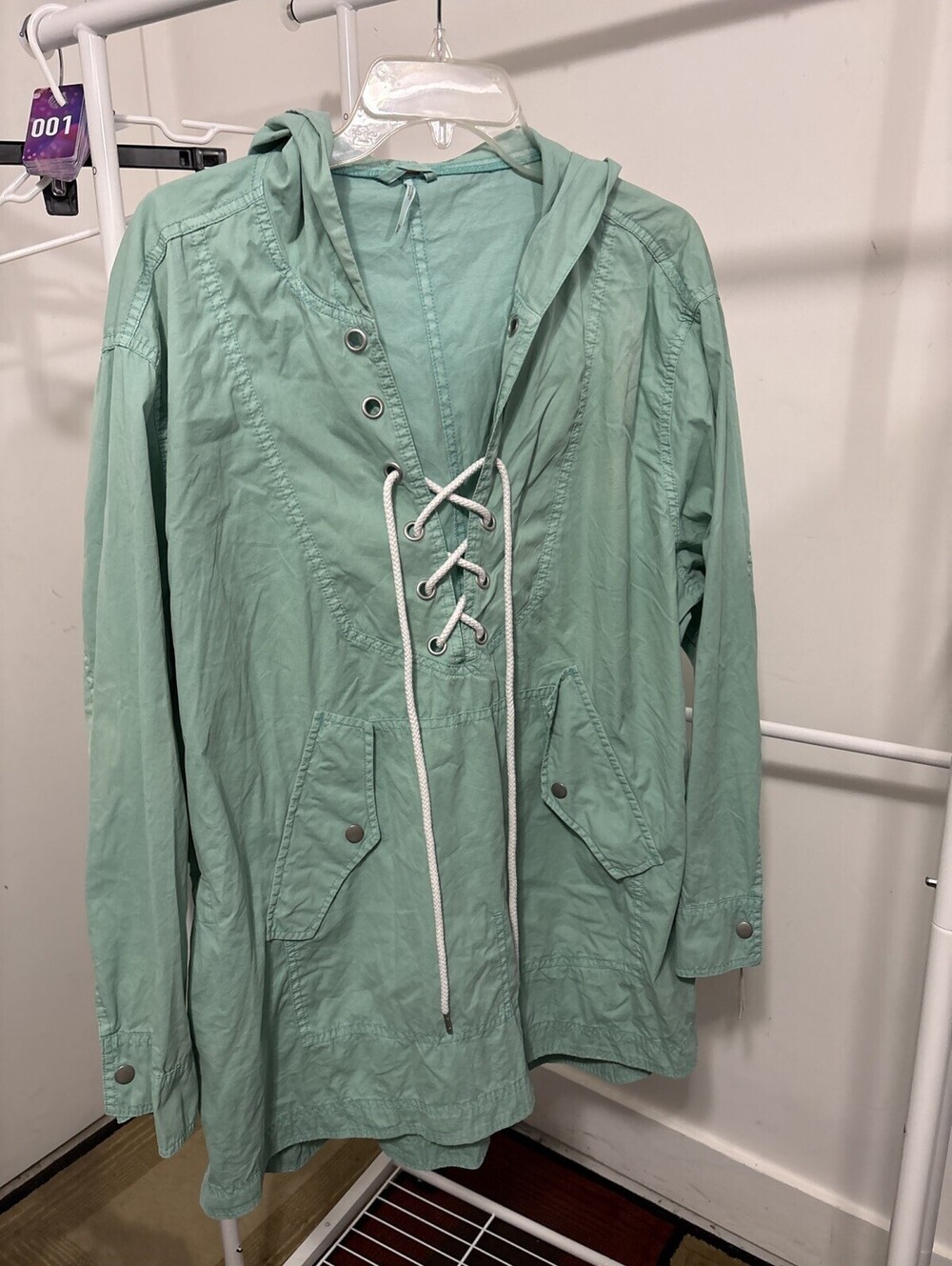 Free People Jacket Womenās XS / S Turquoise Sky Blue Poplin Lace Up Pullover NEW